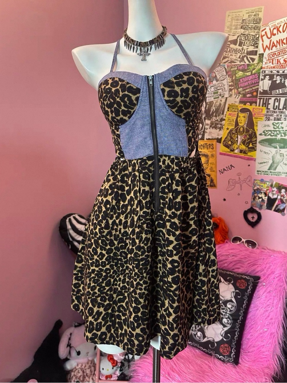 Y2K Leopard Halter Mini Dress Zip Front Punk Grunge XS XXS
